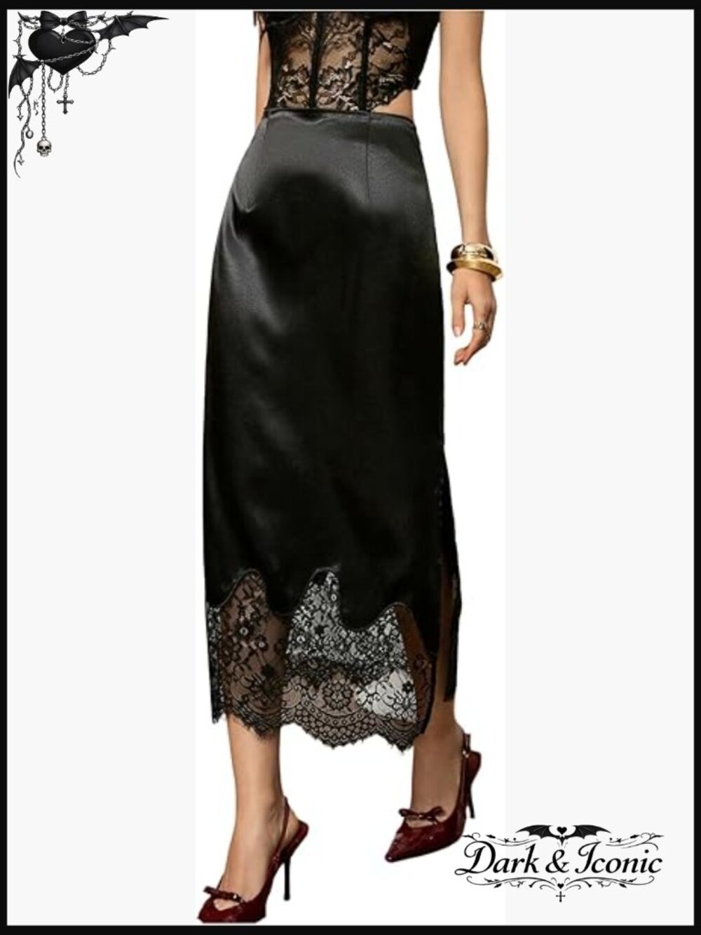 High Waisted A-Line Maxi Skirt with Lace Trim, Satin Material, Party Wear